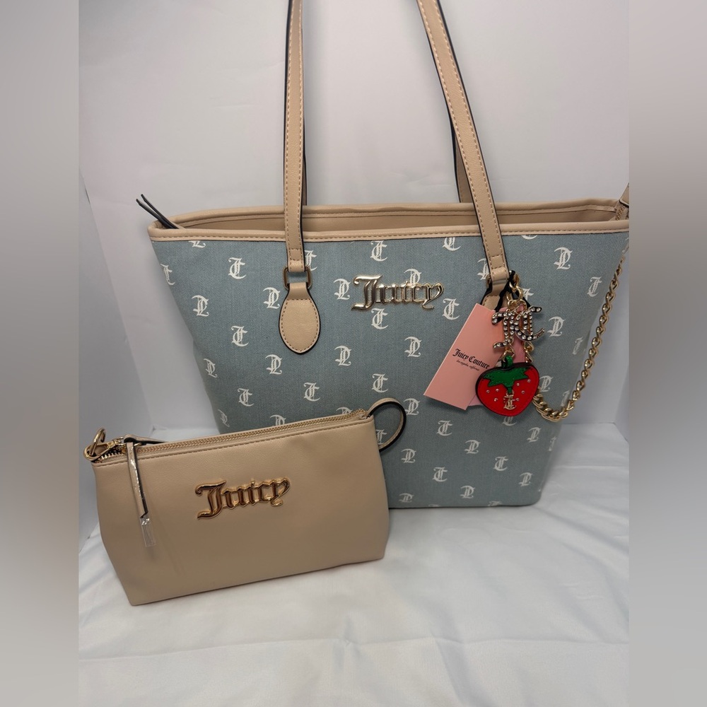 Juicy Couture Beige & Light Blue Logo Tote with Matching Pouch
